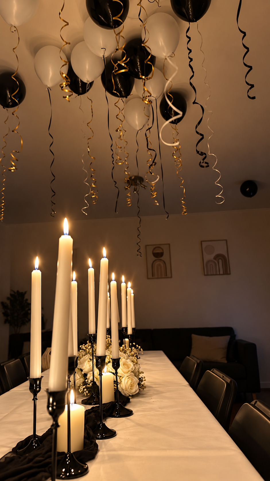 Table noir & ivoire, fleurs et ballons