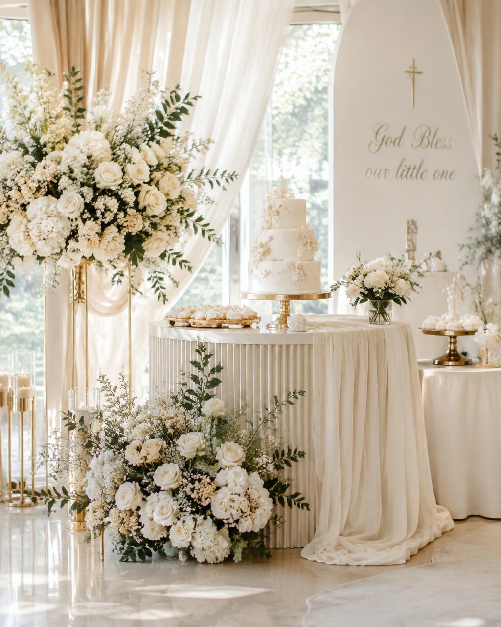 Décoration de baptême toute en douceur : fleurs crème, voilages et touches dorées