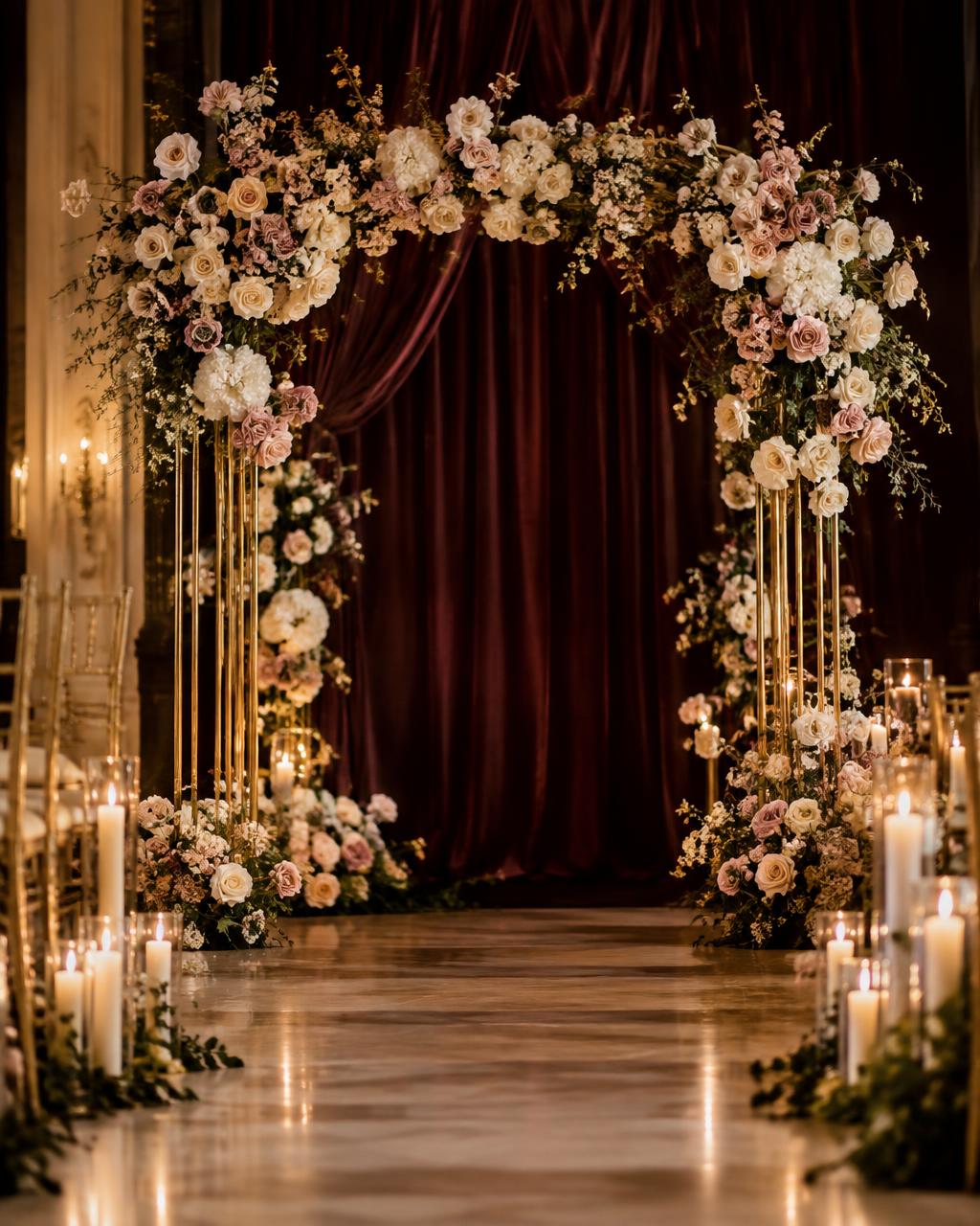Arche florale crème et or devant un drapé bordeaux, signée Esti Events