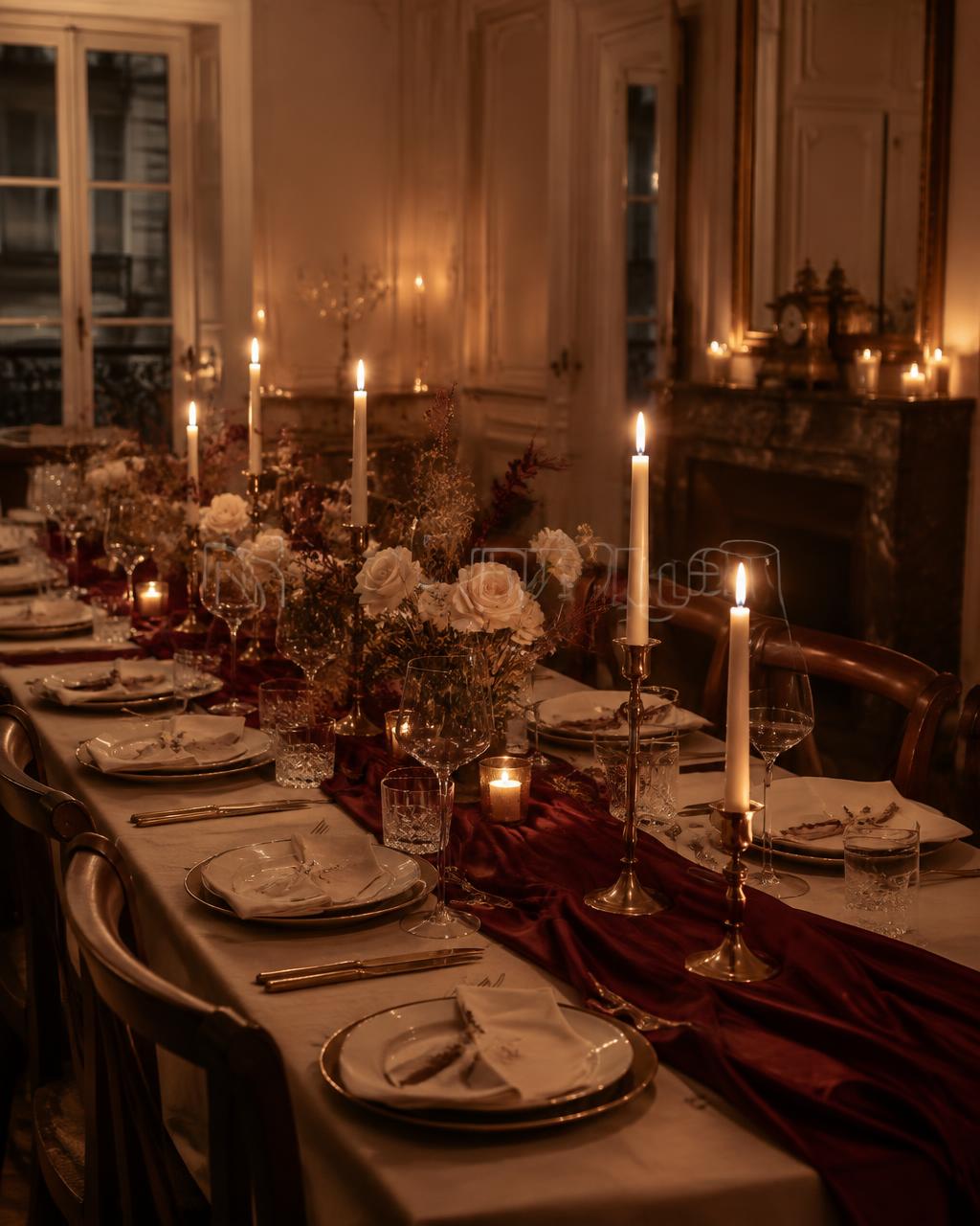 Table de soirée privée dressée avec chandeliers dorés et chemin bordeaux